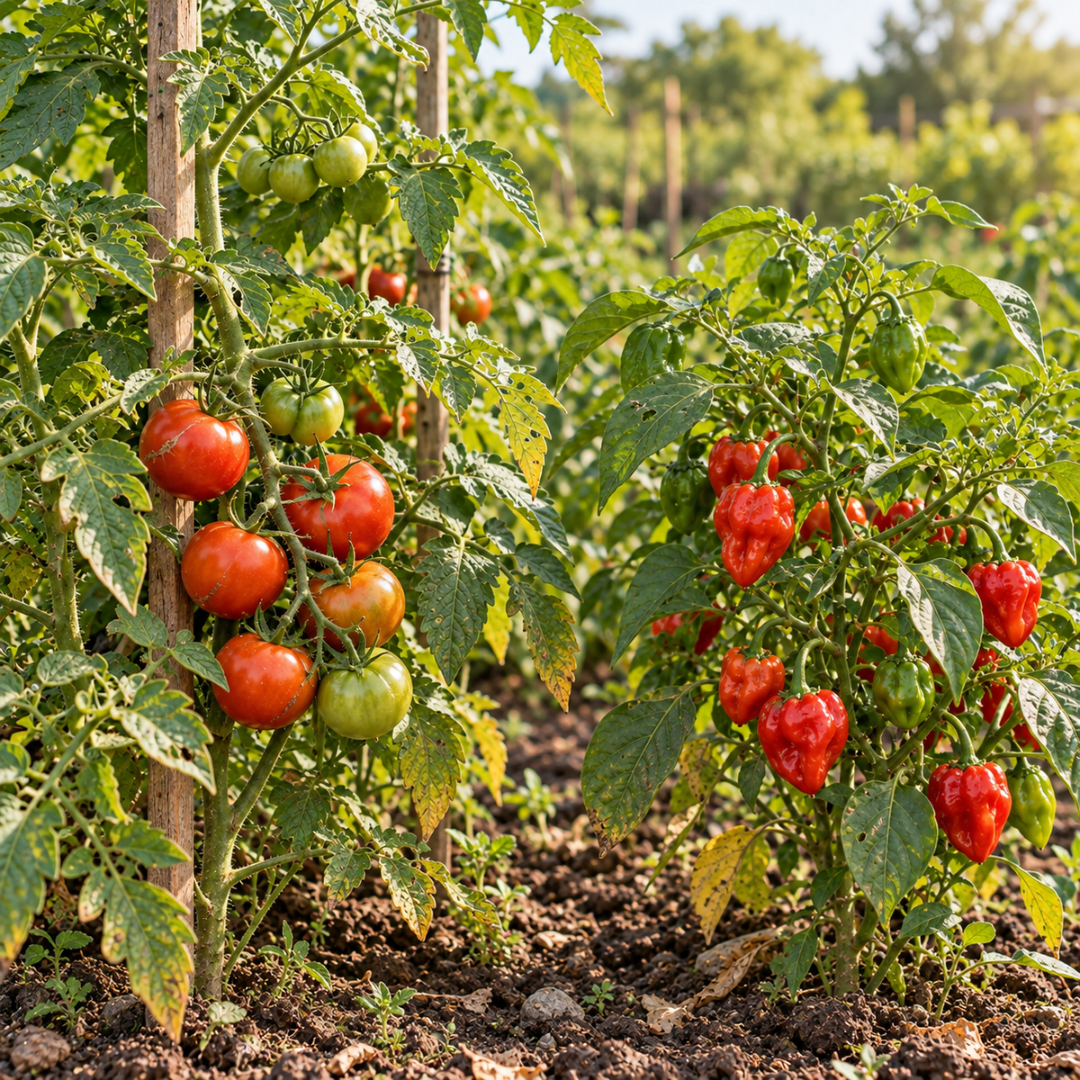 Tomatenpflanze und Chilipflanze nebeneinander im Beet