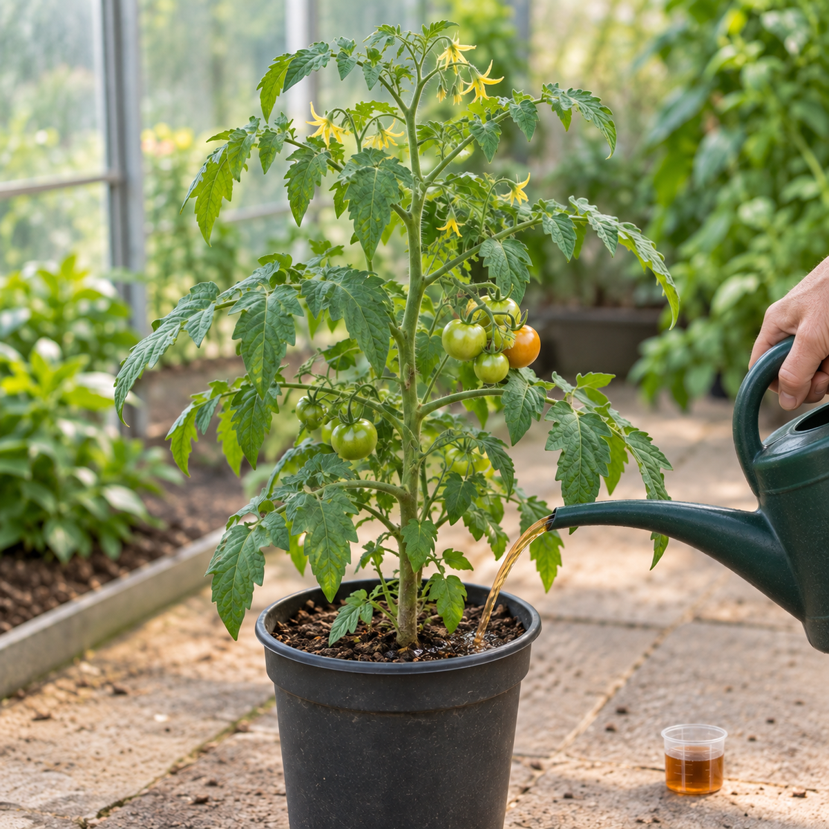Tomatenpflanze mit kräftigen Blättern und ersten Früchten beim Düngen