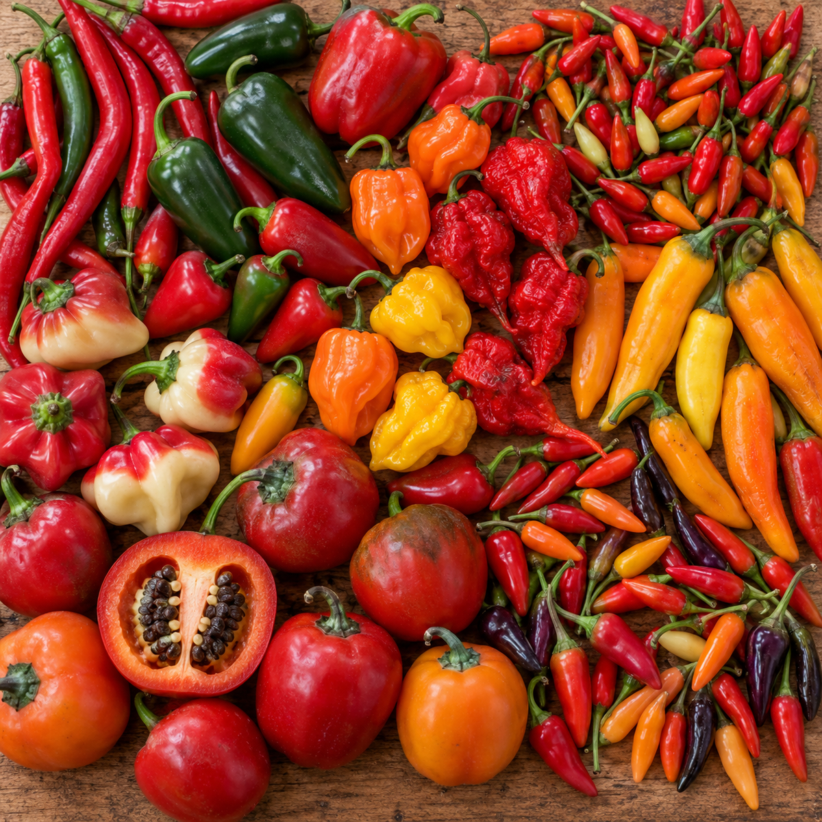 Viele verschiedene Chilifrüchte als Vertreter der Capsicum-Arten annuum, chinense, baccatum, pubescens und frutescens