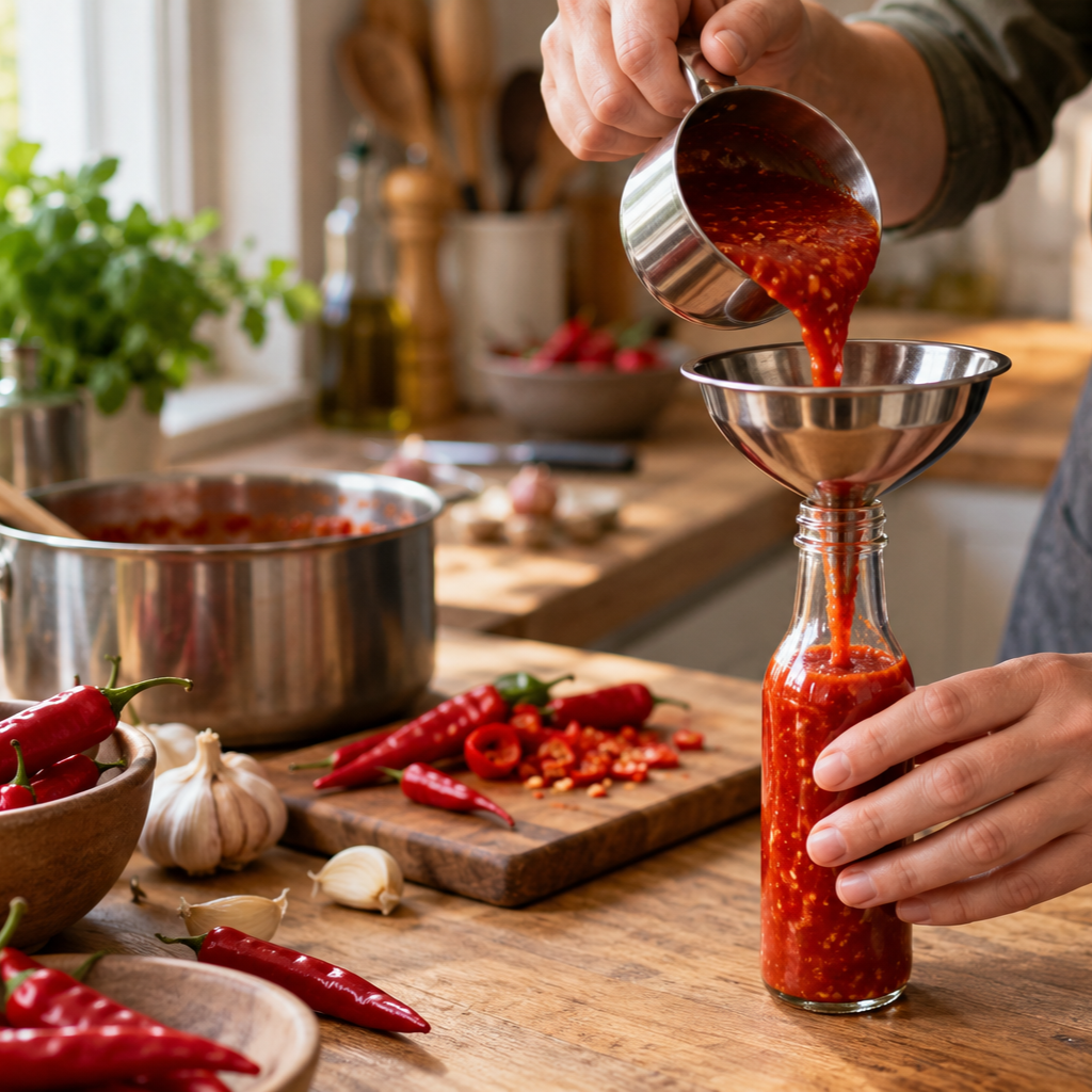 Scharfe Habanero Chilisauce beim Abfüllen