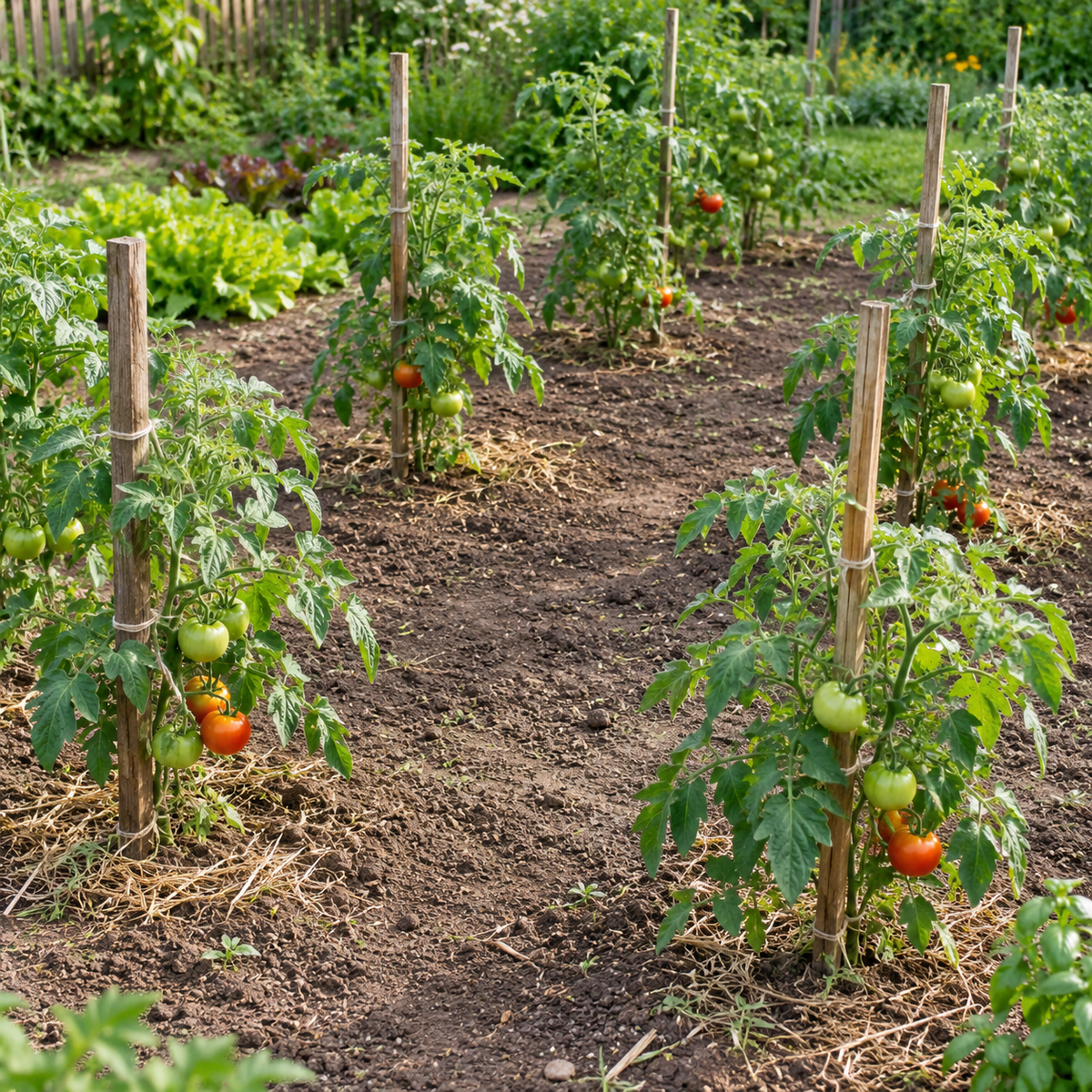 Tomatenpflanzen mit ausreichend Pflanzabstand im Beet