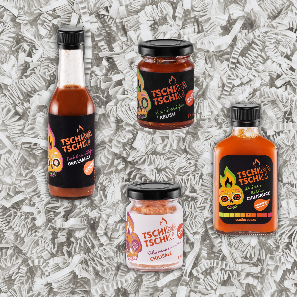 Grill & Burger Buddies Set mit Kohlenstoff Grillsauce, Wilder Osten Chilisauce, Gurkerlfee Relish und Chilisalz Flammenmeer