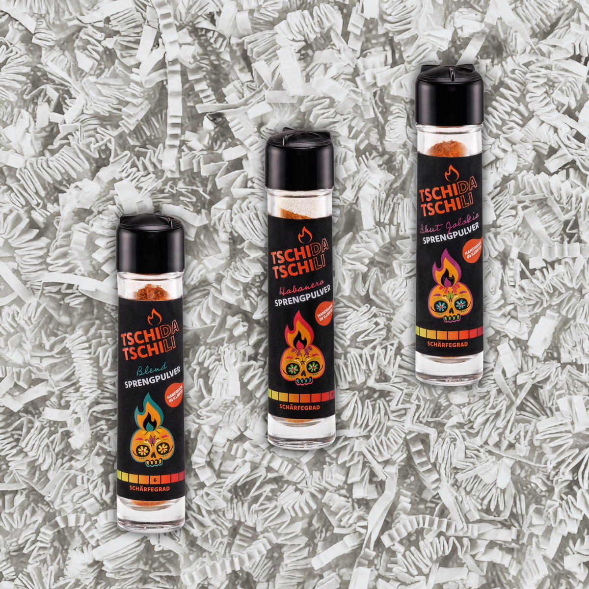 Sprengpulver-Trio Set mit Chilipulver Blend, Habanero und Bhut Jolokia im Streuer