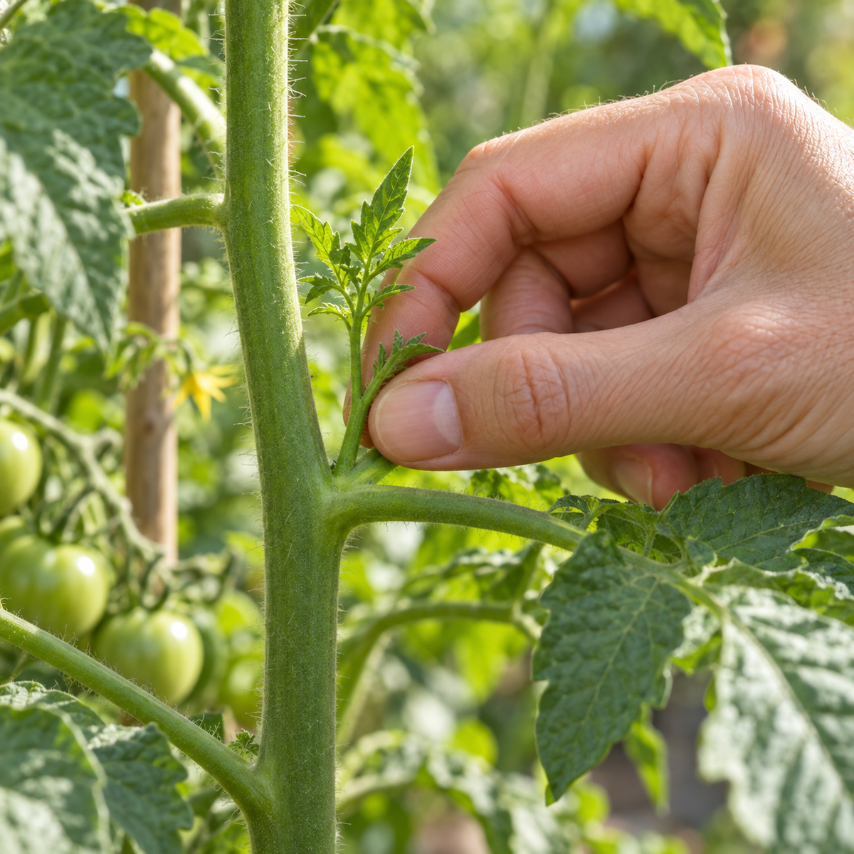 Geiztrieb einer Tomatenpflanze wird von Hand ausgezupft
