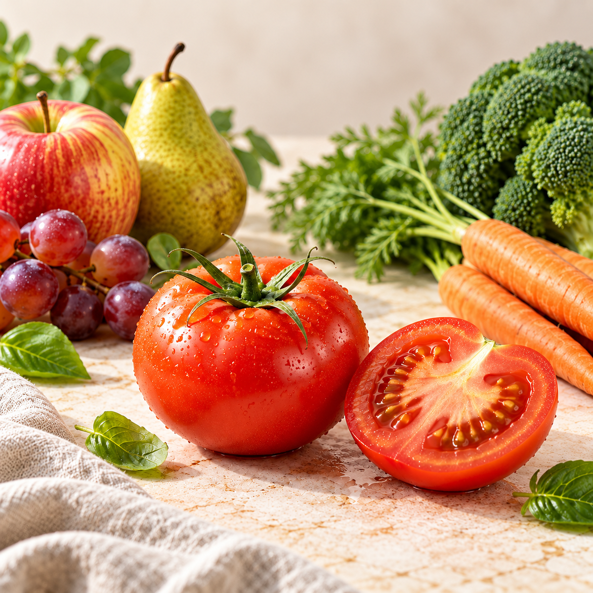 Aufgeschnittene reife Tomaten mit sichtbarem Fruchtfleisch und Kernen, im Hintergrund zwischen Obst oder Gemüse