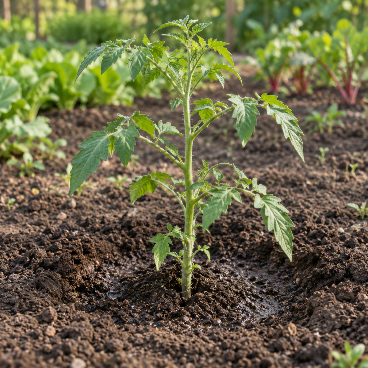 Kräftige Tomatenjungpflanze wird nach den Eisheiligen ins Freiland gepflanzt