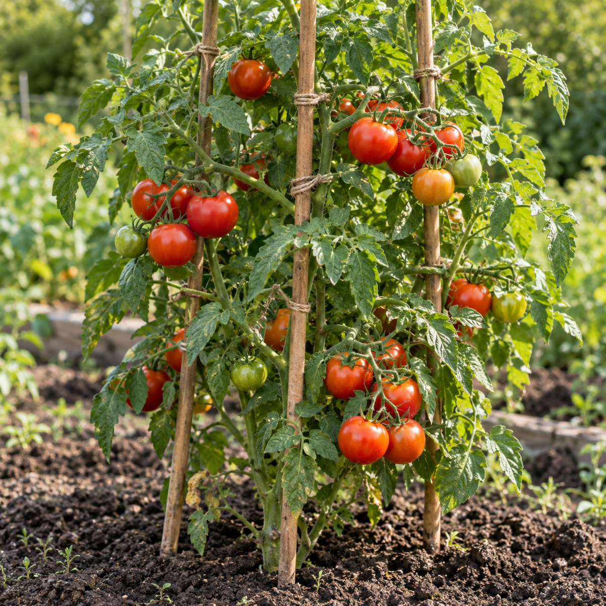 Tomatenpflanze an einer Tomatenstange mit Pflanzenschnur befestigt