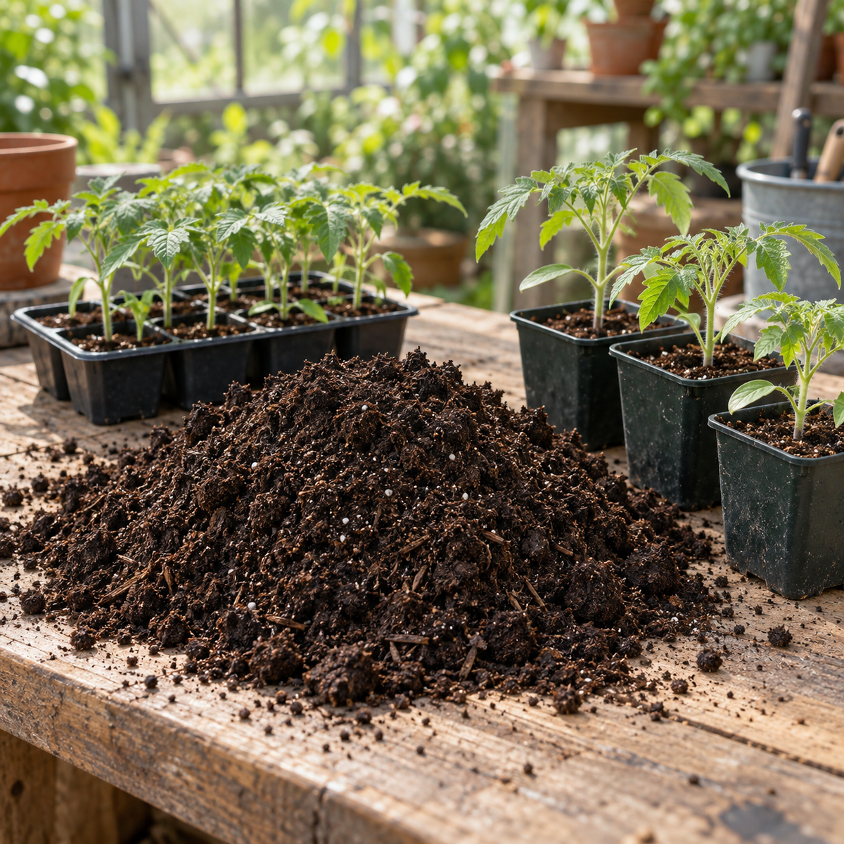 Lockere Tomatenerde auf Pflanztisch für Tomatenpflanzen