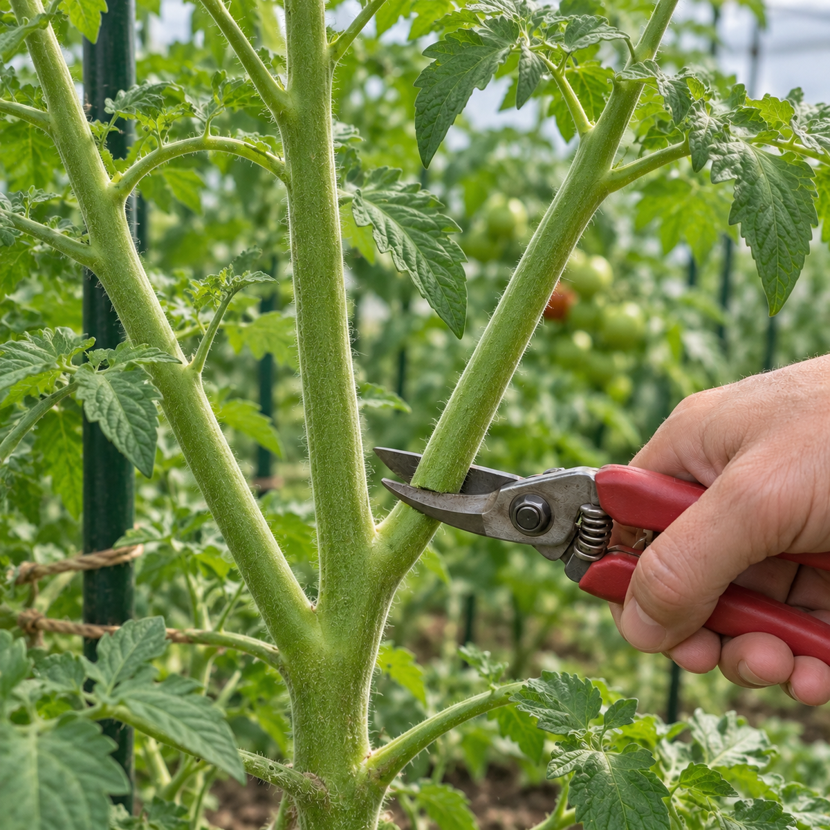 Hand schneidet mit einer Gartenschere einen Trieb einer Tomatenpflanze ab