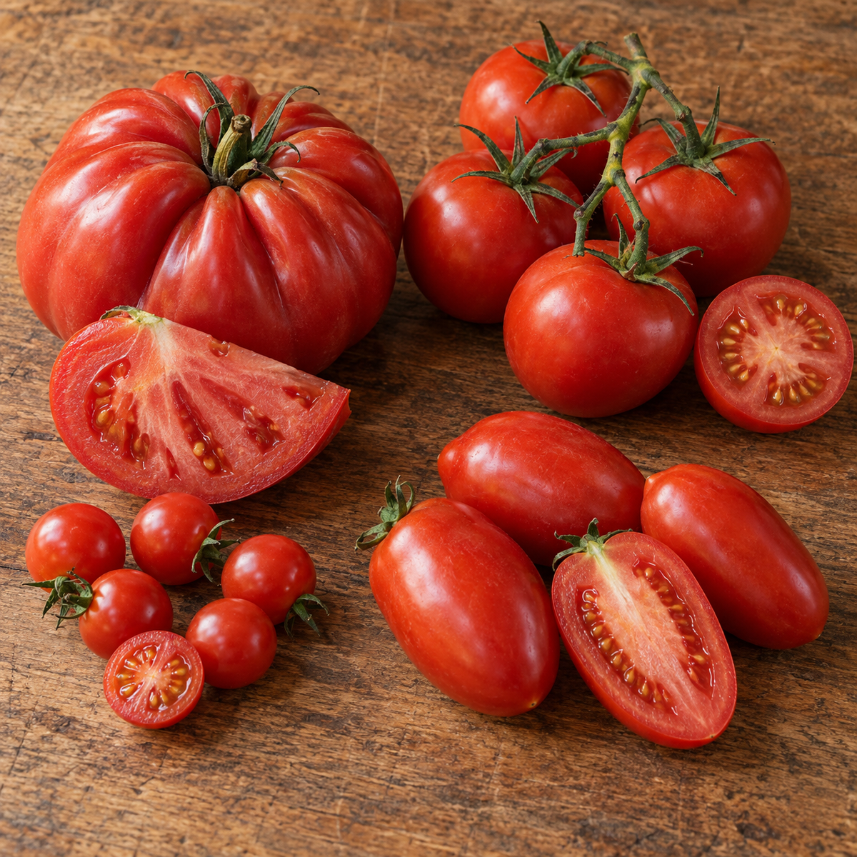 Mehrere Tomatenfrüchte aus kompakten Balkontomatensorten auf Brett