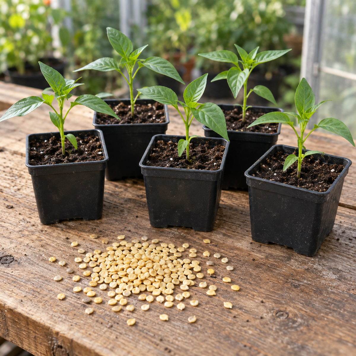 Vergleich zwischen Chilisamen auf einem Tisch und fertigen Chili-Jungpflanzen