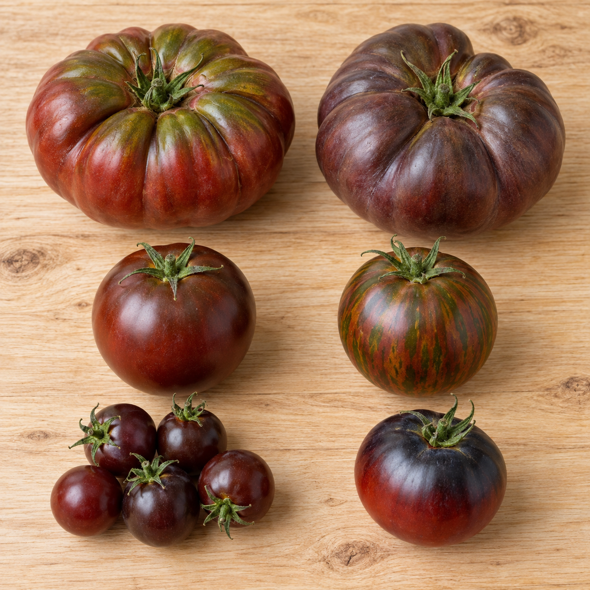 Verschiedene schwarze und dunkle Tomatensorten im Farbvergleich
