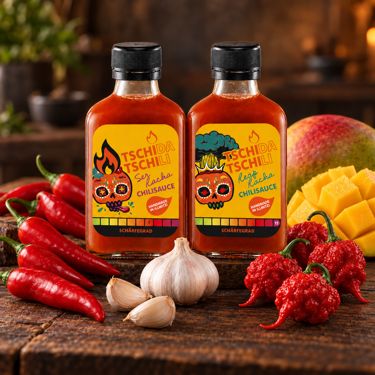 SerRacha und ReapRacha im Vergleich, mit den frischen Zutaten Chili, Knoblauch und Mango