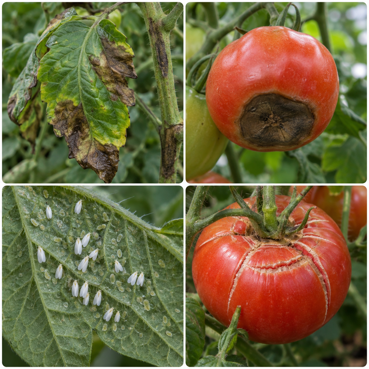 Vier Tomatenkrankheiten im Vergleich: Braunfäule, Blütenendfäule, Mehltau und Septoria Blattflecken