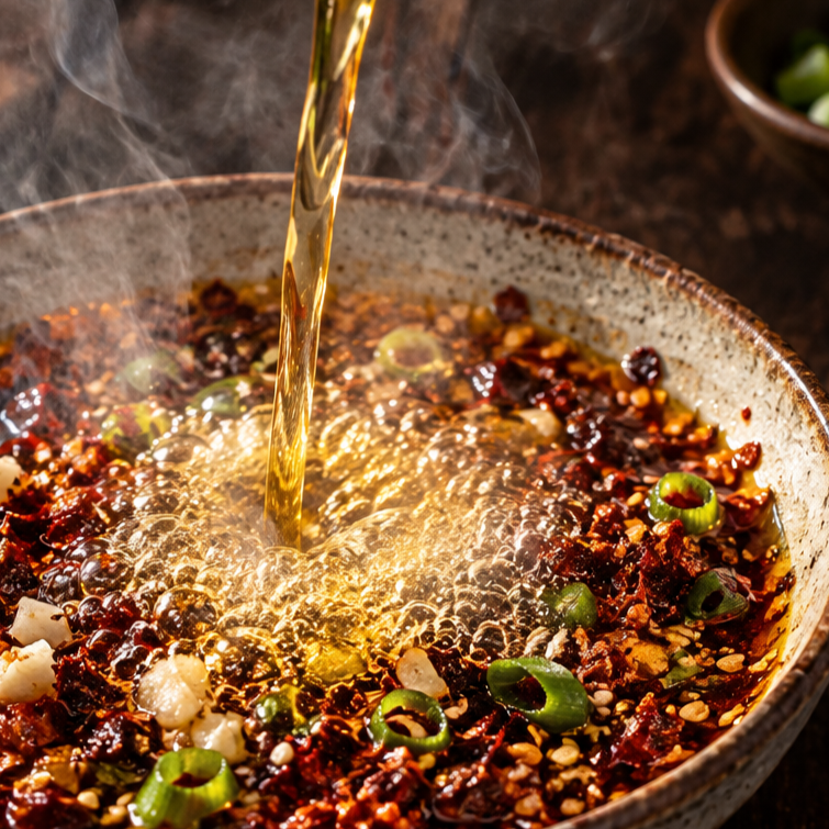 Crispy Chili Öl beim Übergießen mit heißem Öl