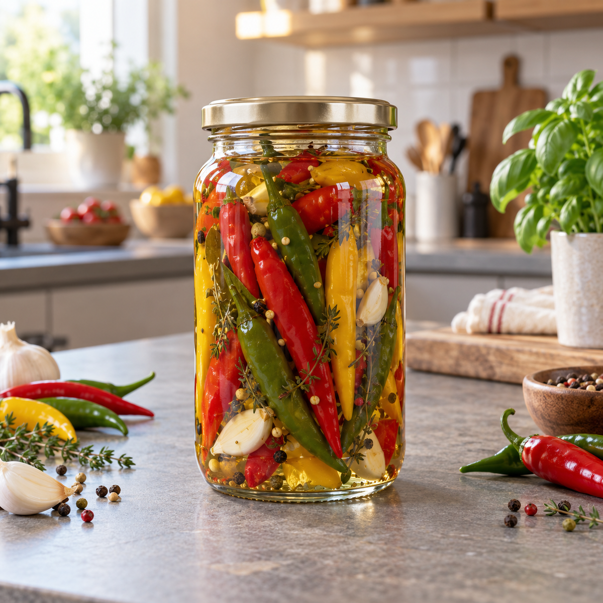 Eingelegte Cayenne Chili in Glas mit Kräutern