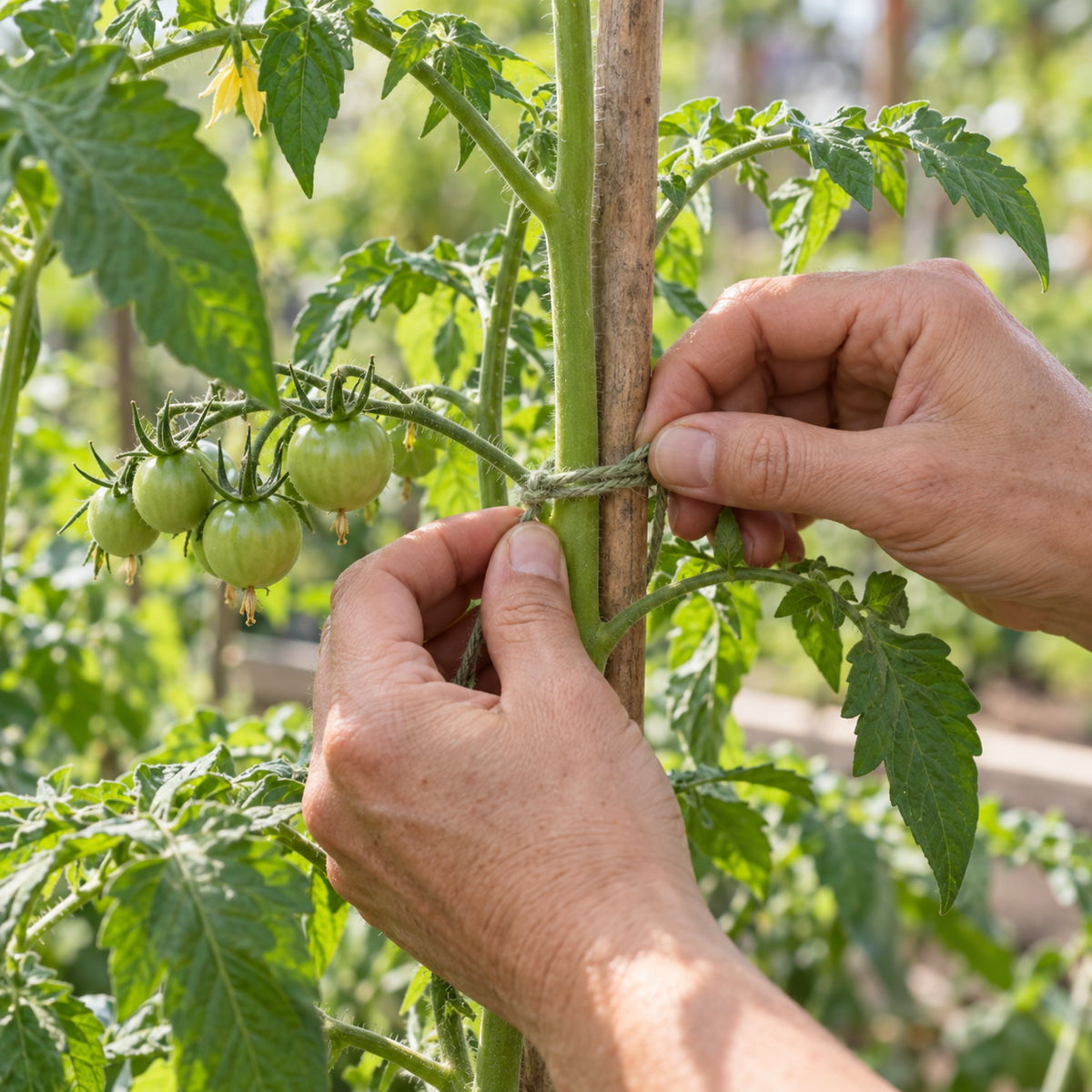 Tomatenpflanze wird nach dem Ausgeizen am Stab hochgebunden