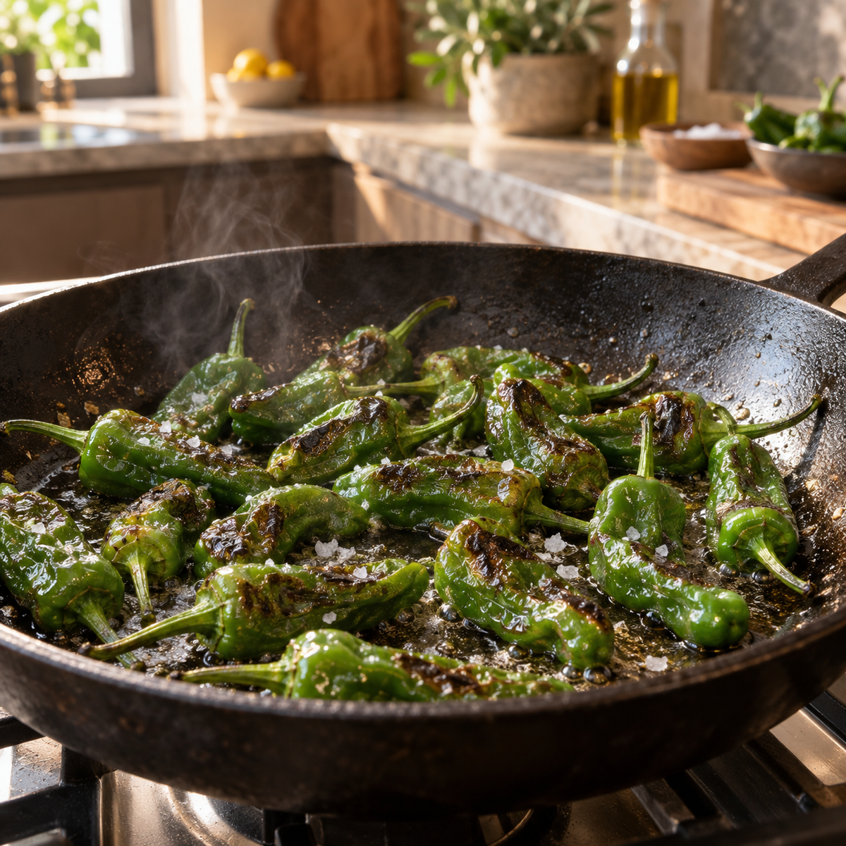 Gebratene Pimiento de Padron in heißer Pfanne Rezeptbild