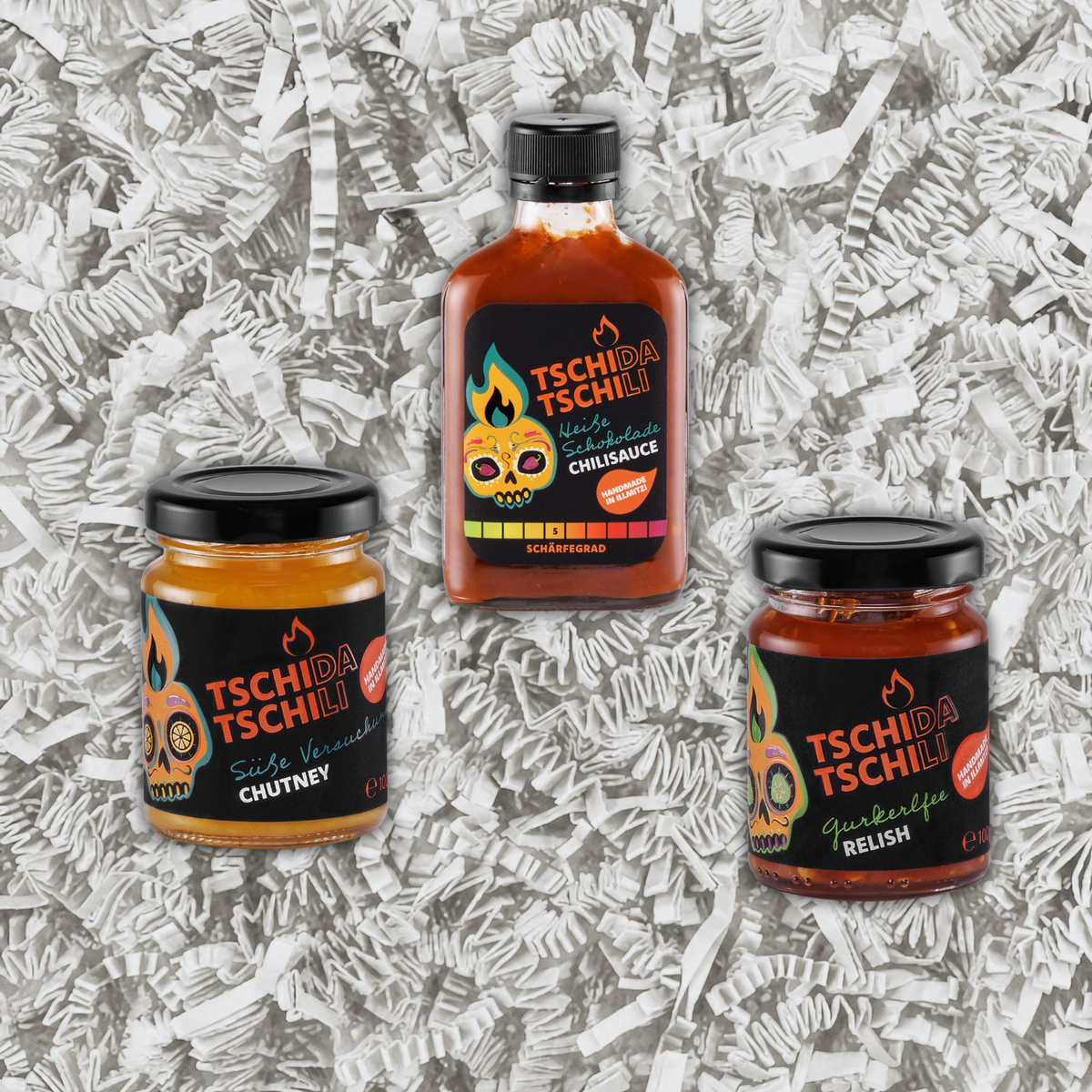 Käsekenner Set mit Süße Versuchung Chutney, Gurkerlfee Relish und Heiße Schokolade Chilisauce